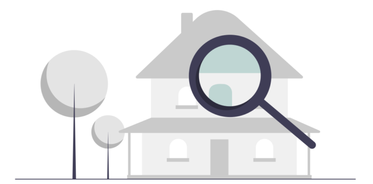 家のイラストの前に虫眼鏡のイラストがある