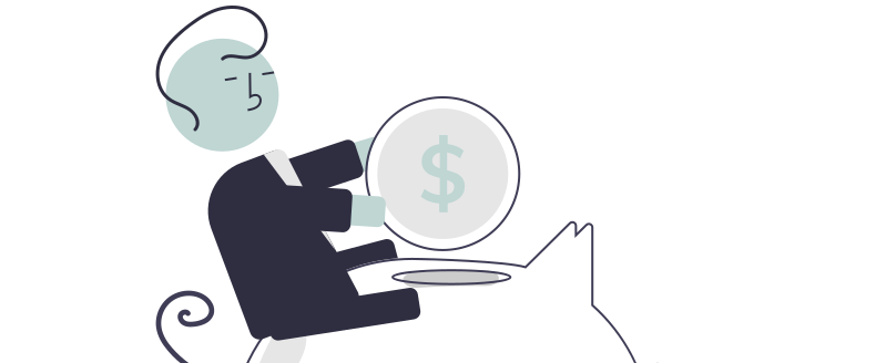 お金を持った人が大きな貯金箱の上に乗ってお金を入れるしぐさをしているイラスト