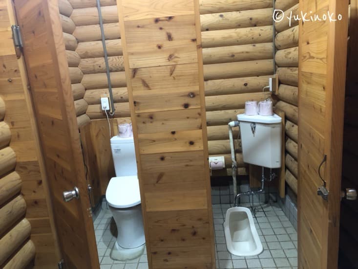 右側に和式トイレ、左側に洋式のトイレが写っている