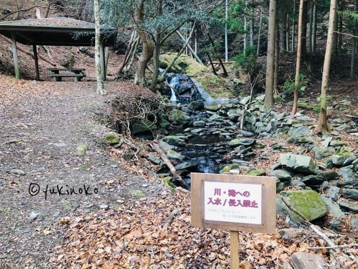 森の中、手前に立て看板、左奥に東屋があり砂利道が東屋まで続いている。右側に川がある